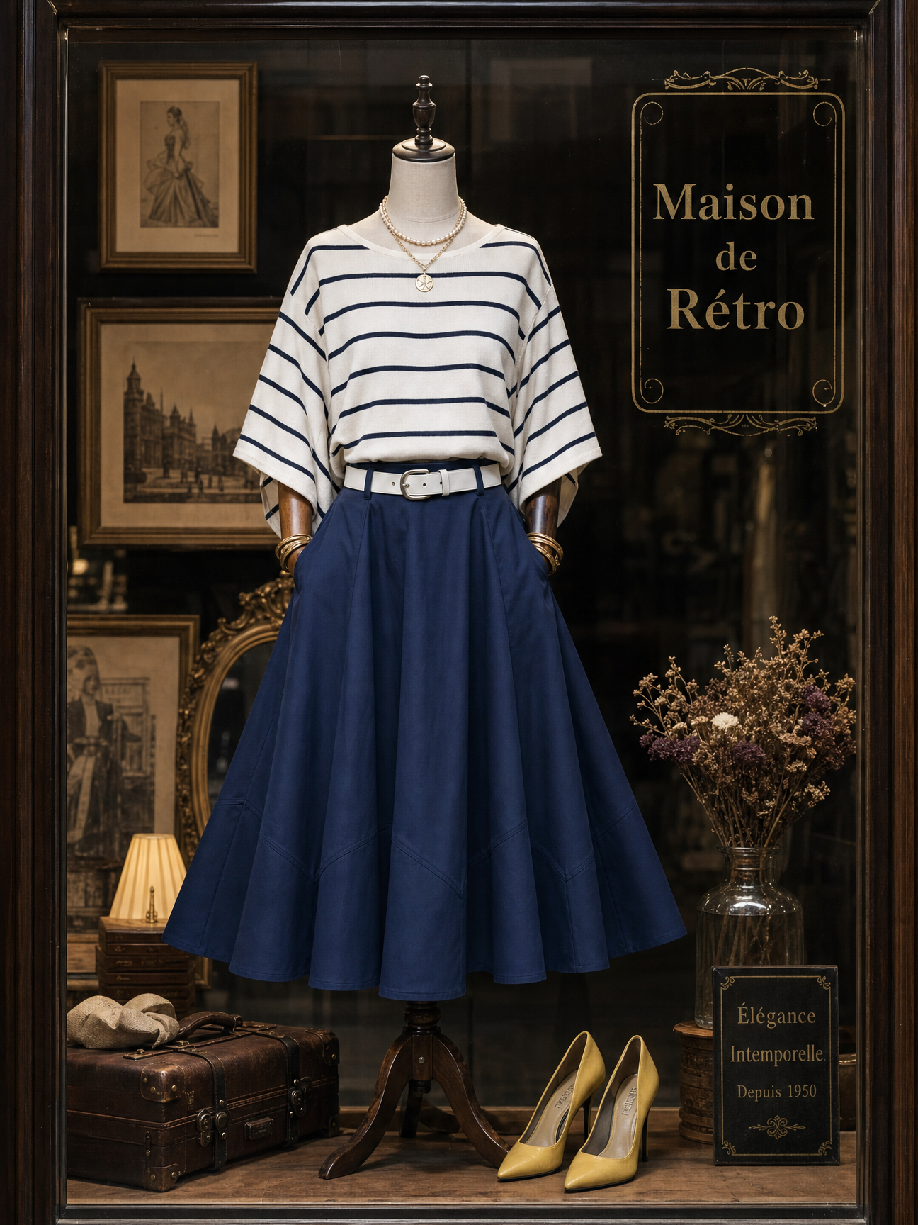 Vintage High Waist Panel Swing Midi Skirt