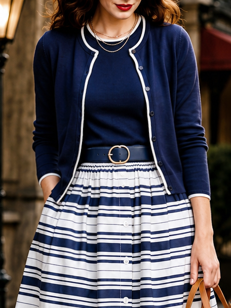 Vintage Color Block Knit Cardigan Two-Piece Top
