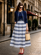 Vintage High-Waisted Striped Print Umbrella Maxi Skirt