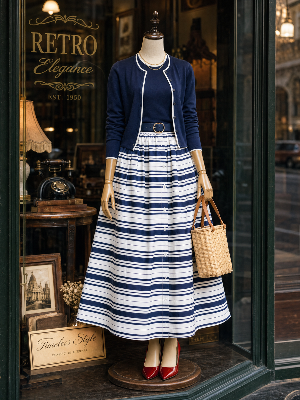 Vintage High-Waisted Striped Print Umbrella Maxi Skirt