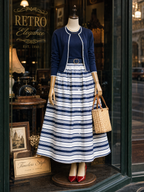 Vintage High-Waisted Striped Print Umbrella Maxi Skirt