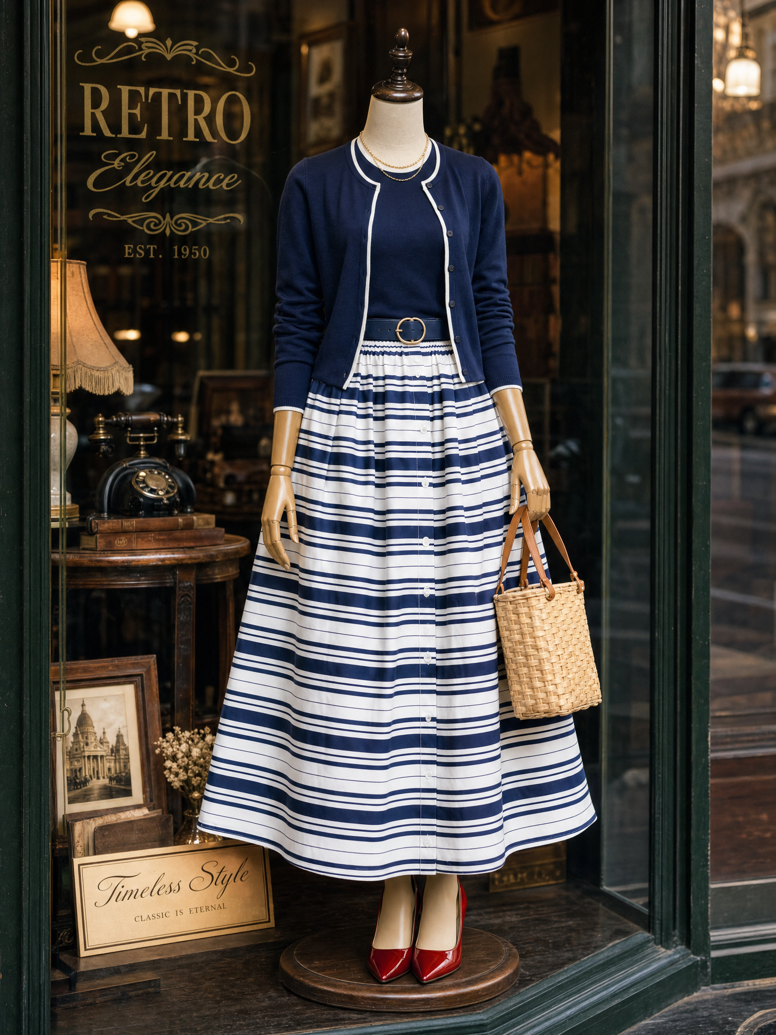 Vintage High-Waisted Striped Print Umbrella Maxi Skirt