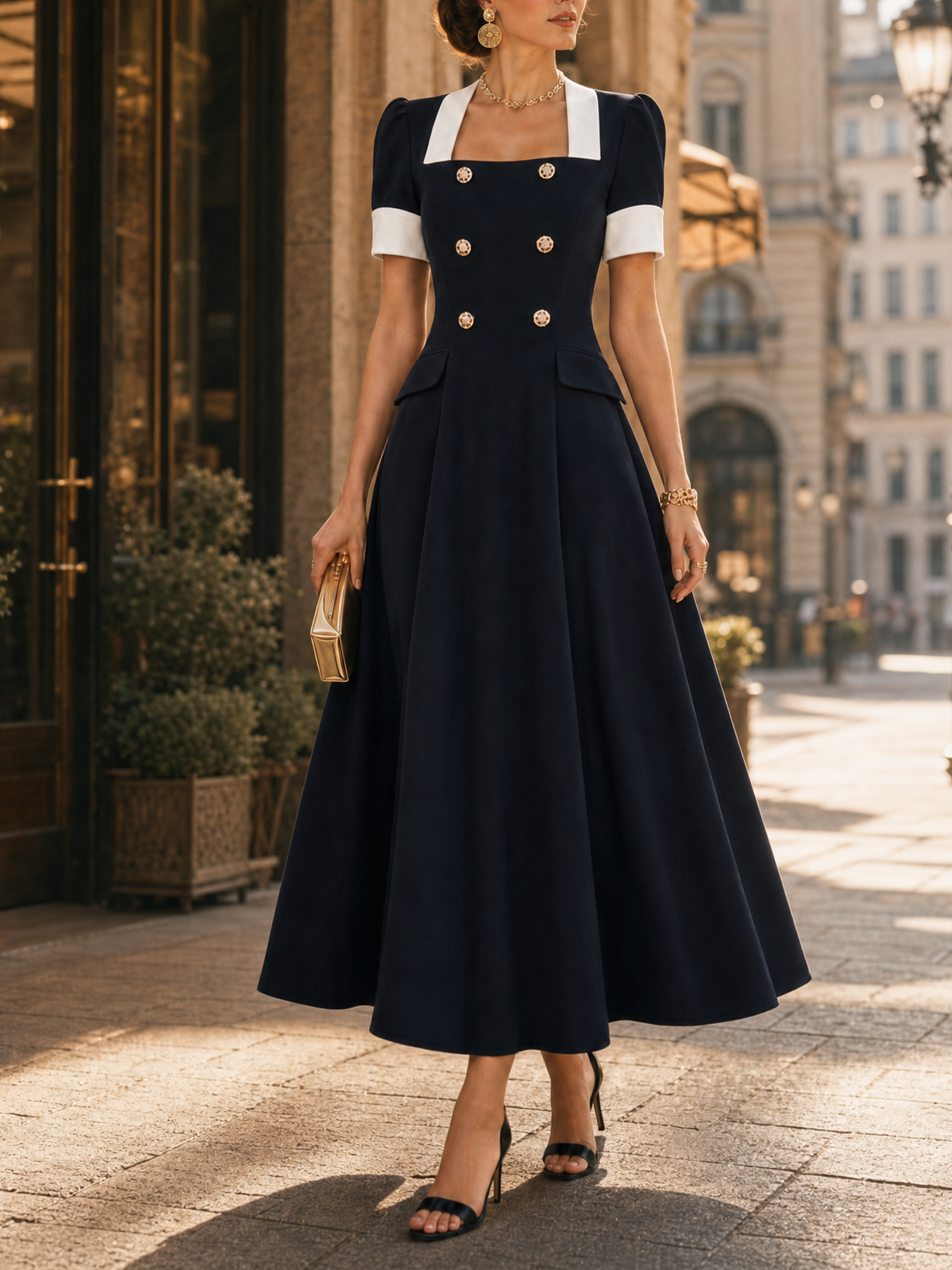 Vintage Hepburn Style High-waisted A-line Swing Midi Dress
