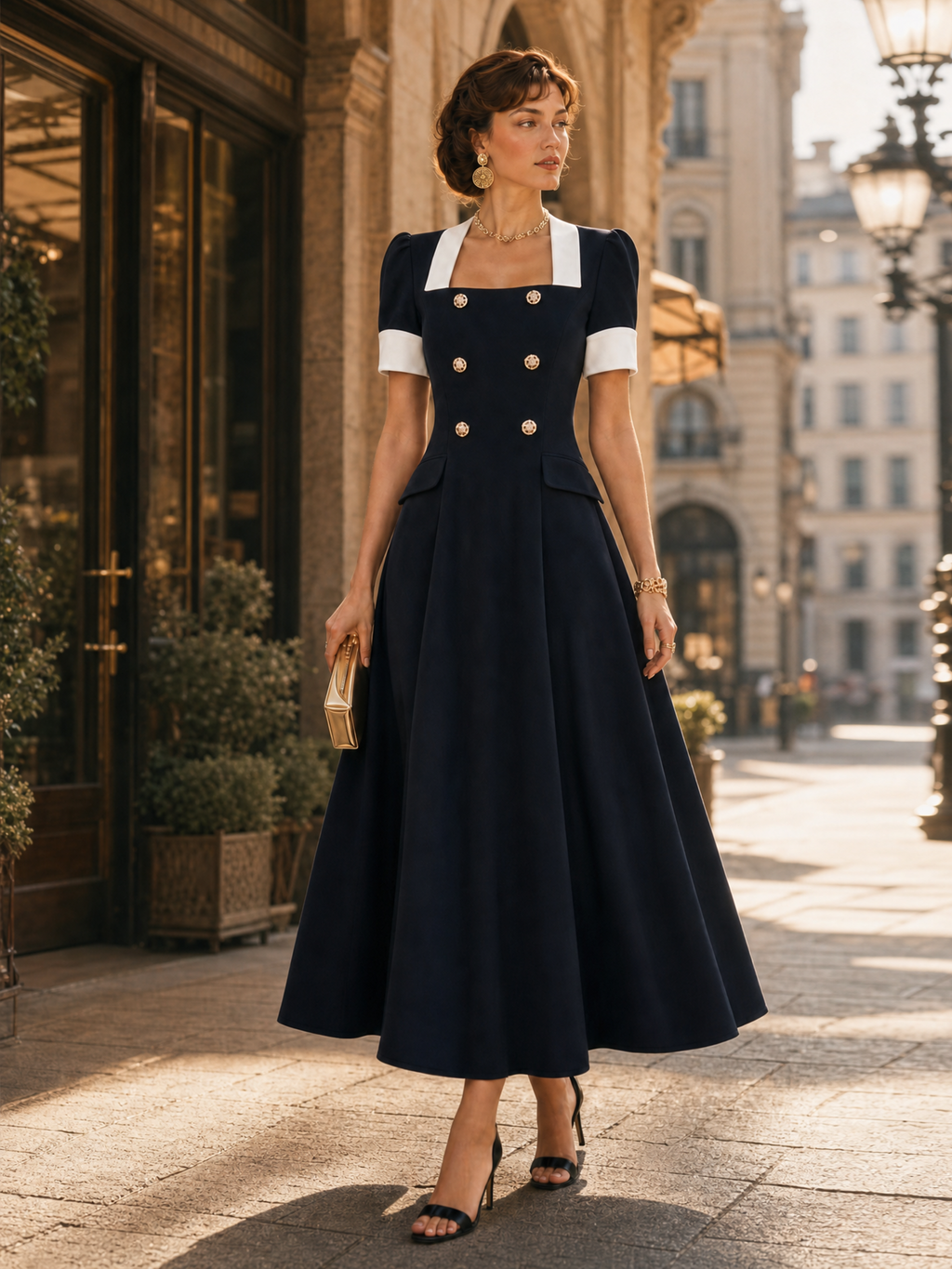 Vintage Hepburn Style High-waisted A-line Swing Midi Dress