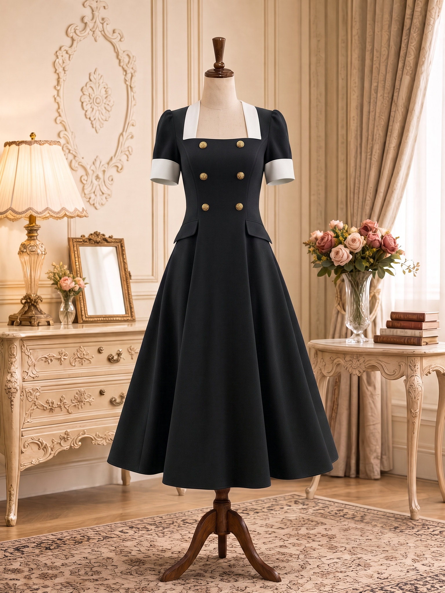 Vintage Hepburn Style High-waisted A-line Swing Midi Dress