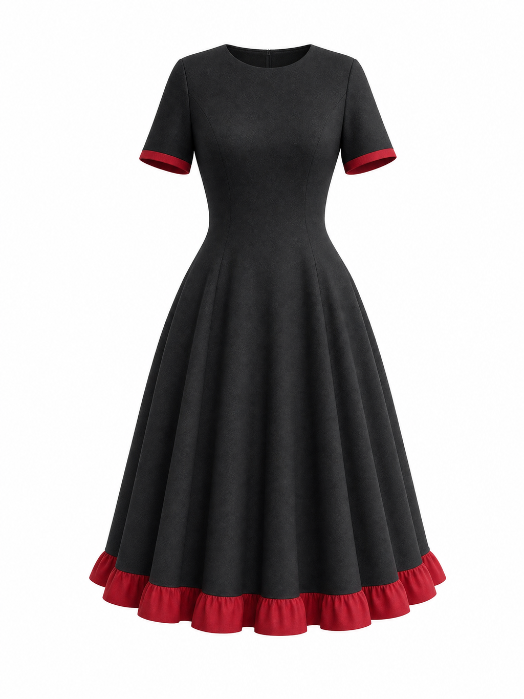 Vintage Elegant Fit-and-Flare Red Ruffle Trim Midi Dress
