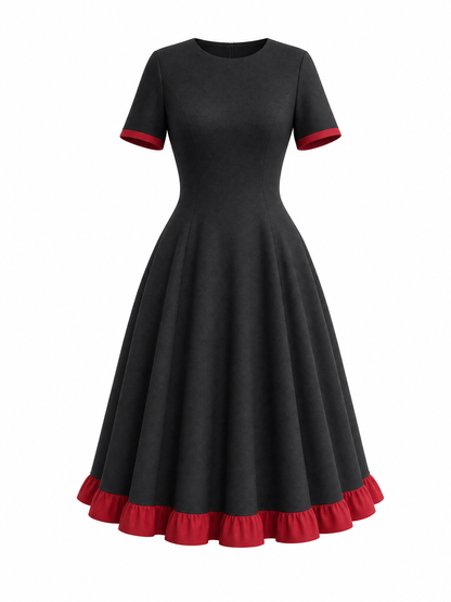 Vintage Elegant Fit-and-Flare Red Ruffle Trim Dress