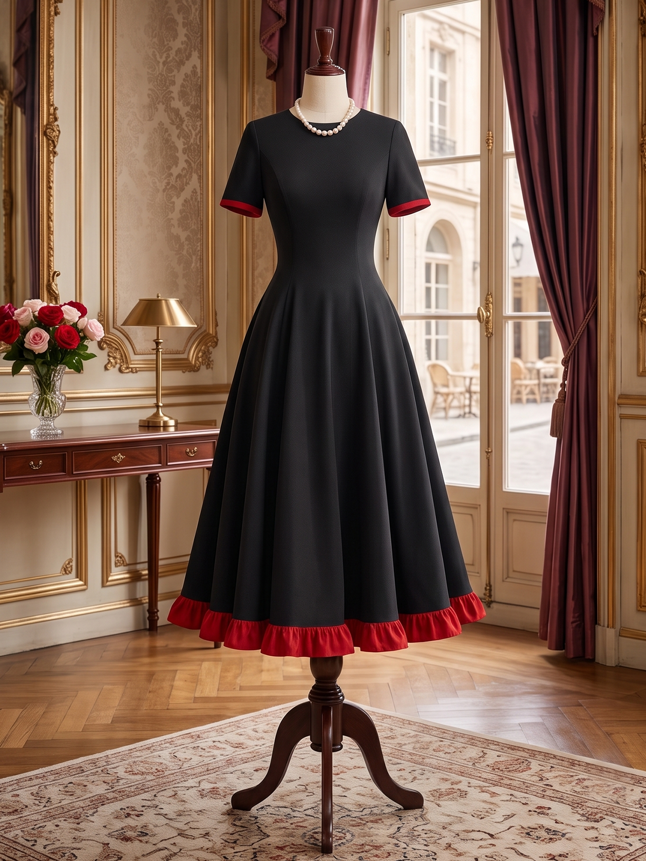 Vintage Elegant Fit-and-Flare Red Ruffle Trim Midi Dress