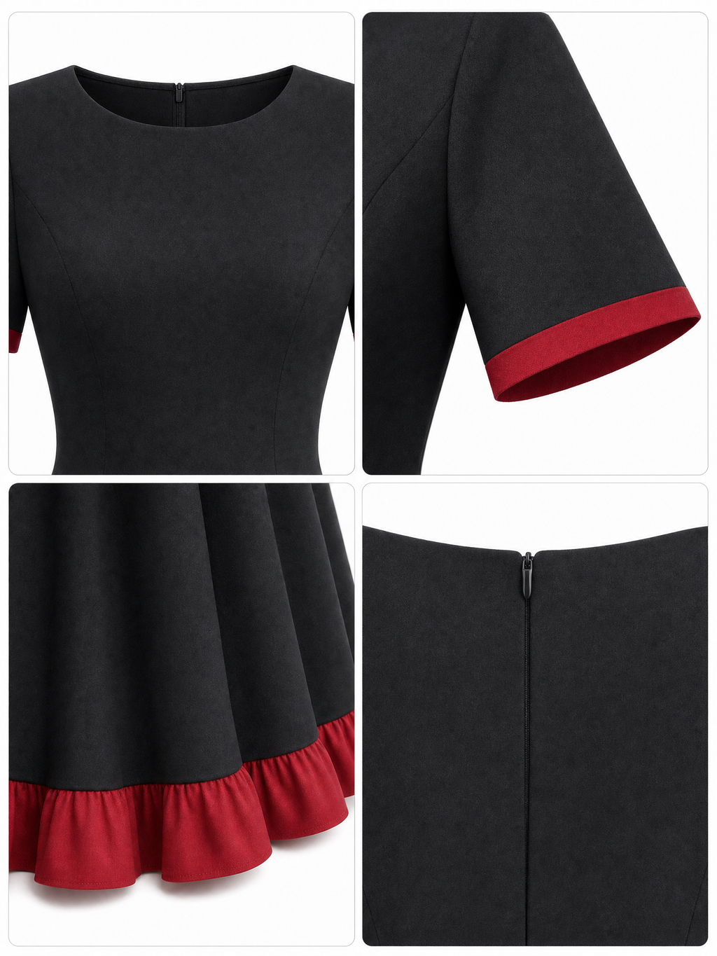 Vintage Elegant Fit-and-Flare Red Ruffle Trim Midi Dress