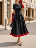 Vintage Elegant Fit-and-Flare Red Ruffle Trim Midi Dress