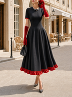 Vintage Elegant Fit-and-Flare Red Ruffle Trim Midi Dress