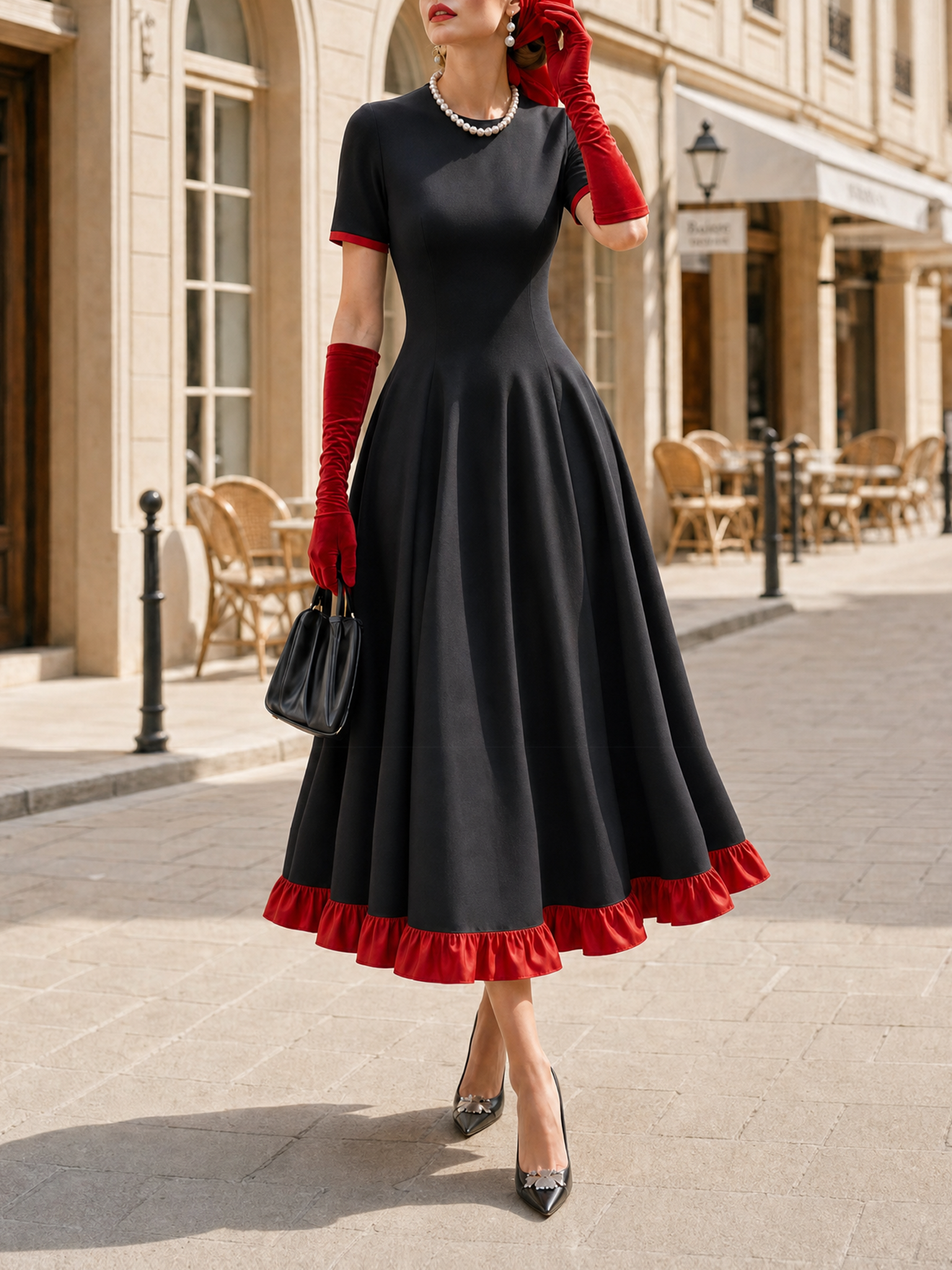Vintage Elegant Fit-and-Flare Red Ruffle Trim Midi Dress