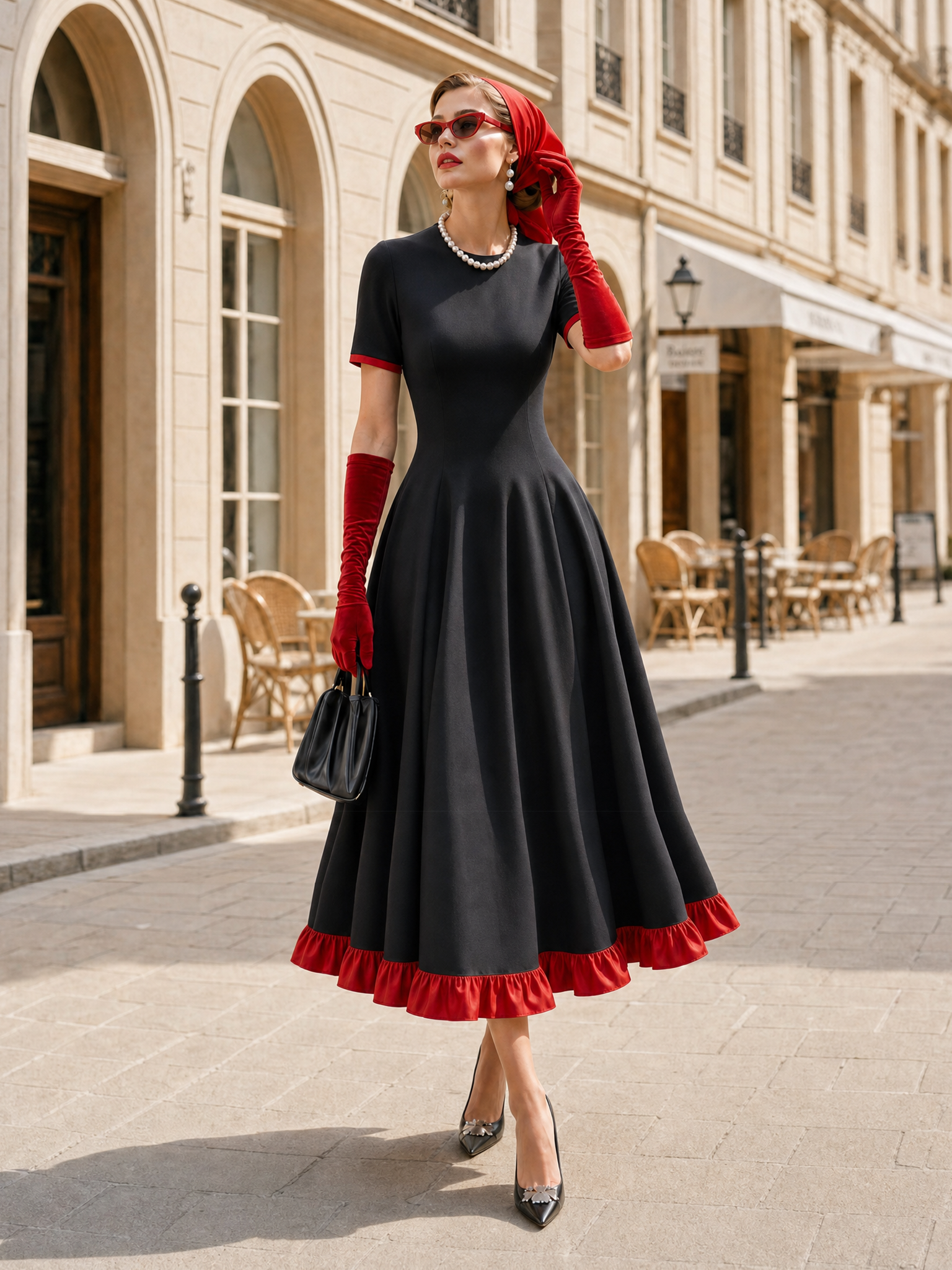 Vintage Elegant Fit-and-Flare Red Ruffle Trim Midi Dress