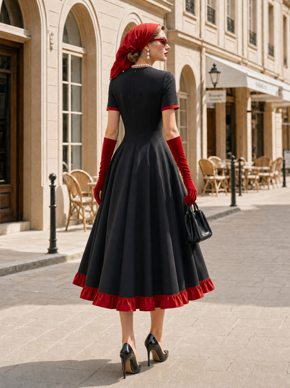Vintage Elegant Fit-and-Flare Red Ruffle Trim Dress