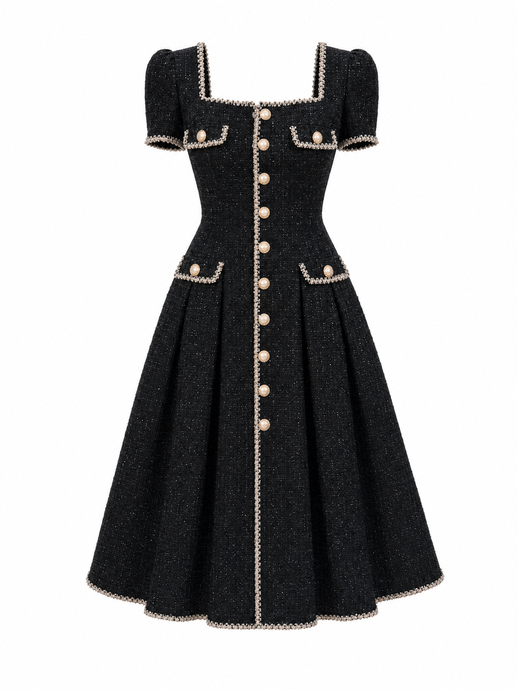 Vintage Tweed Gold Button Trim Fit-and-Flare Midi Dress