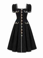 Vintage Tweed Gold Button Trim Fit-and-Flare Midi Dress