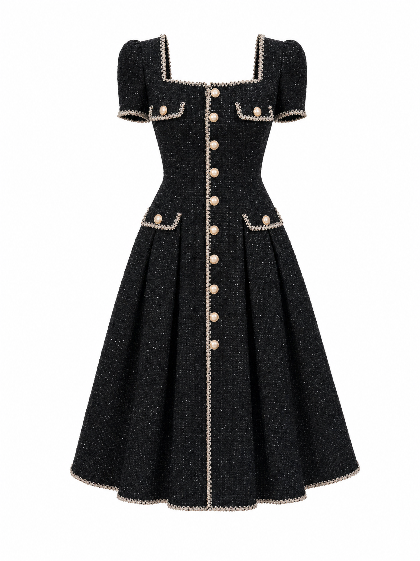 Vintage Tweed Gold Button Trim Fit-and-Flare Dress