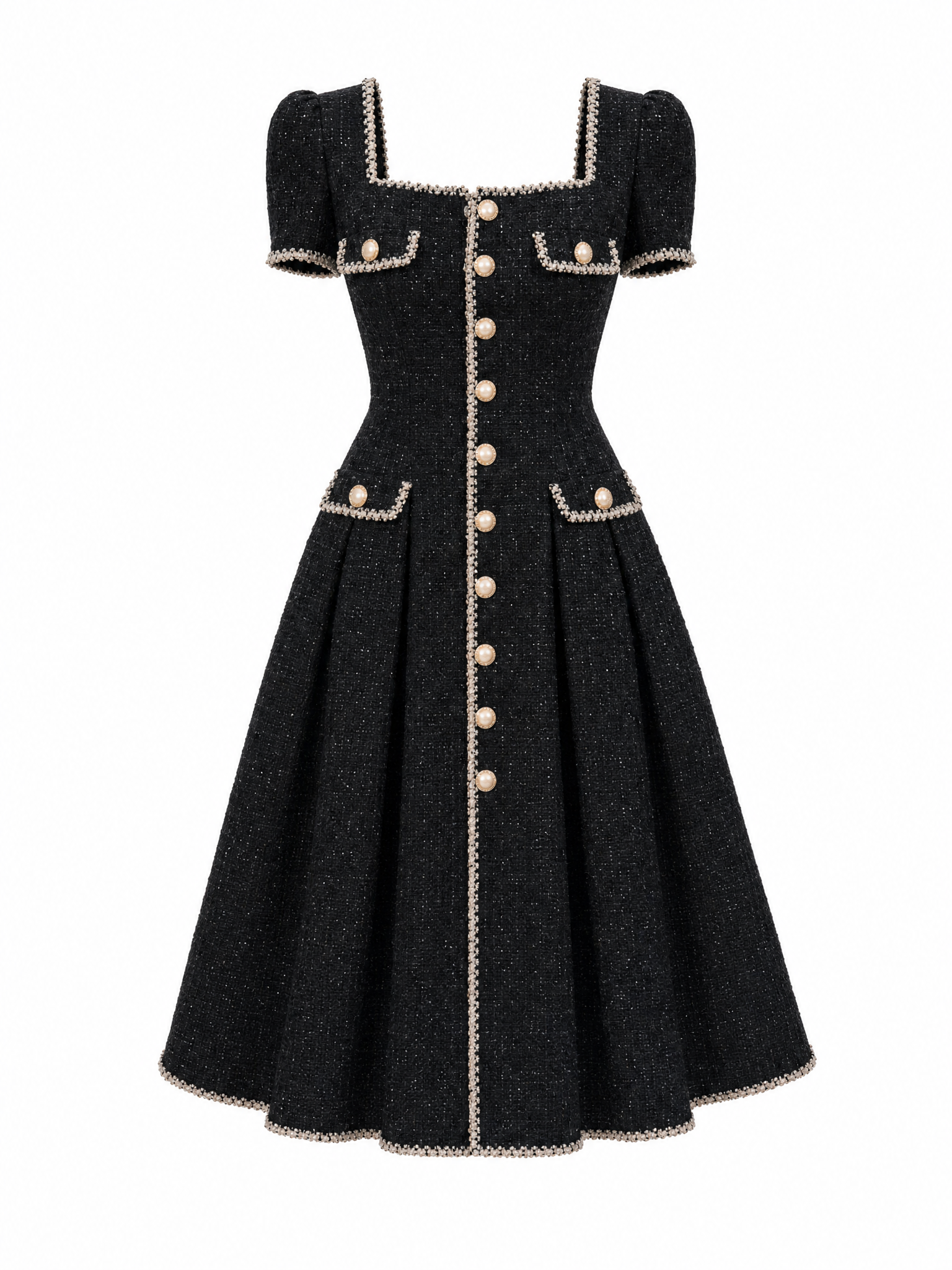 Vintage Tweed Gold Button Trim Fit-and-Flare Midi Dress