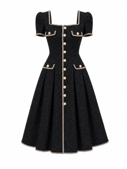 Vintage Tweed Gold Button Trim Fit-and-Flare Dress