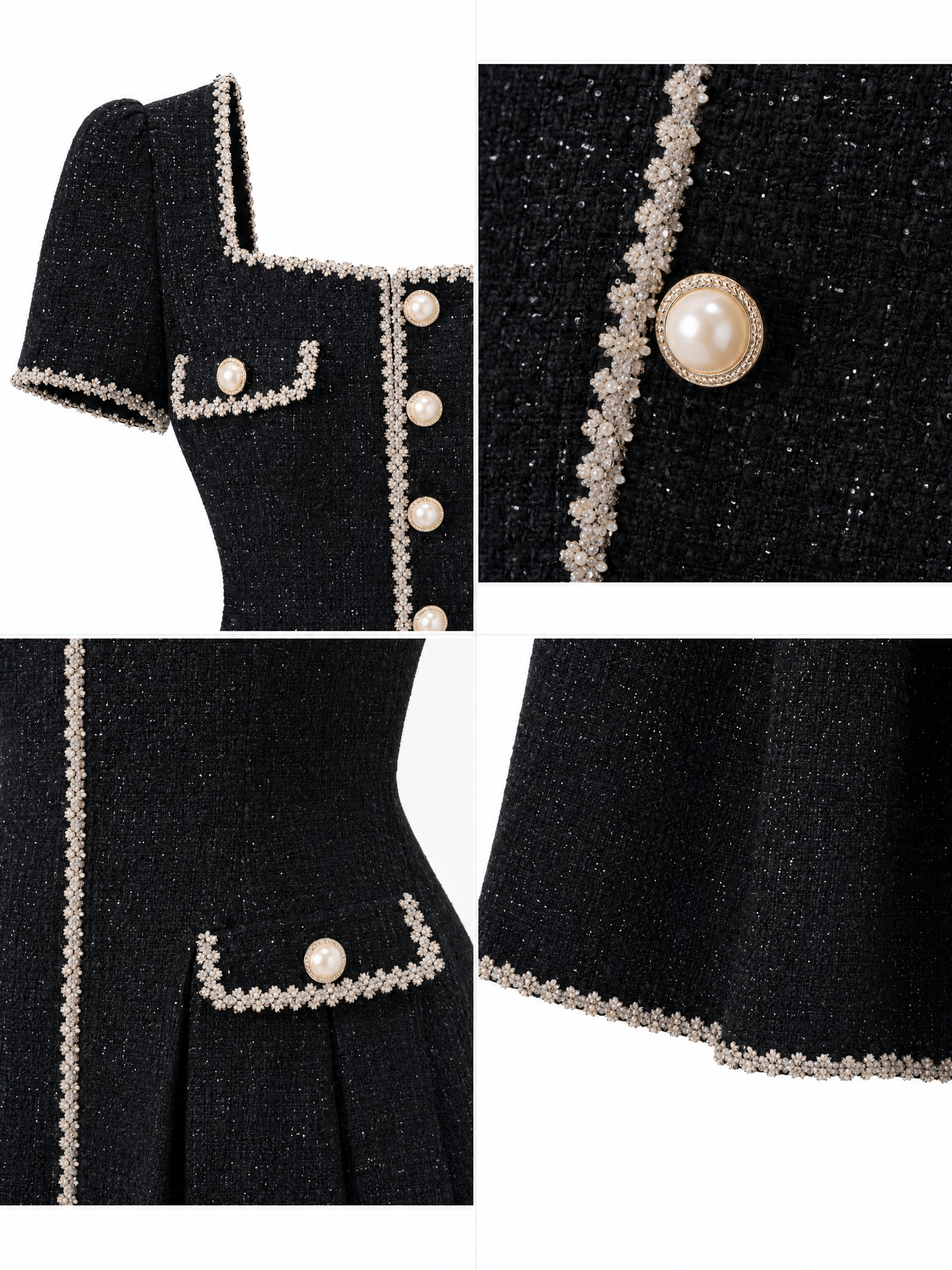Vintage Tweed Gold Button Trim Fit-and-Flare Midi Dress