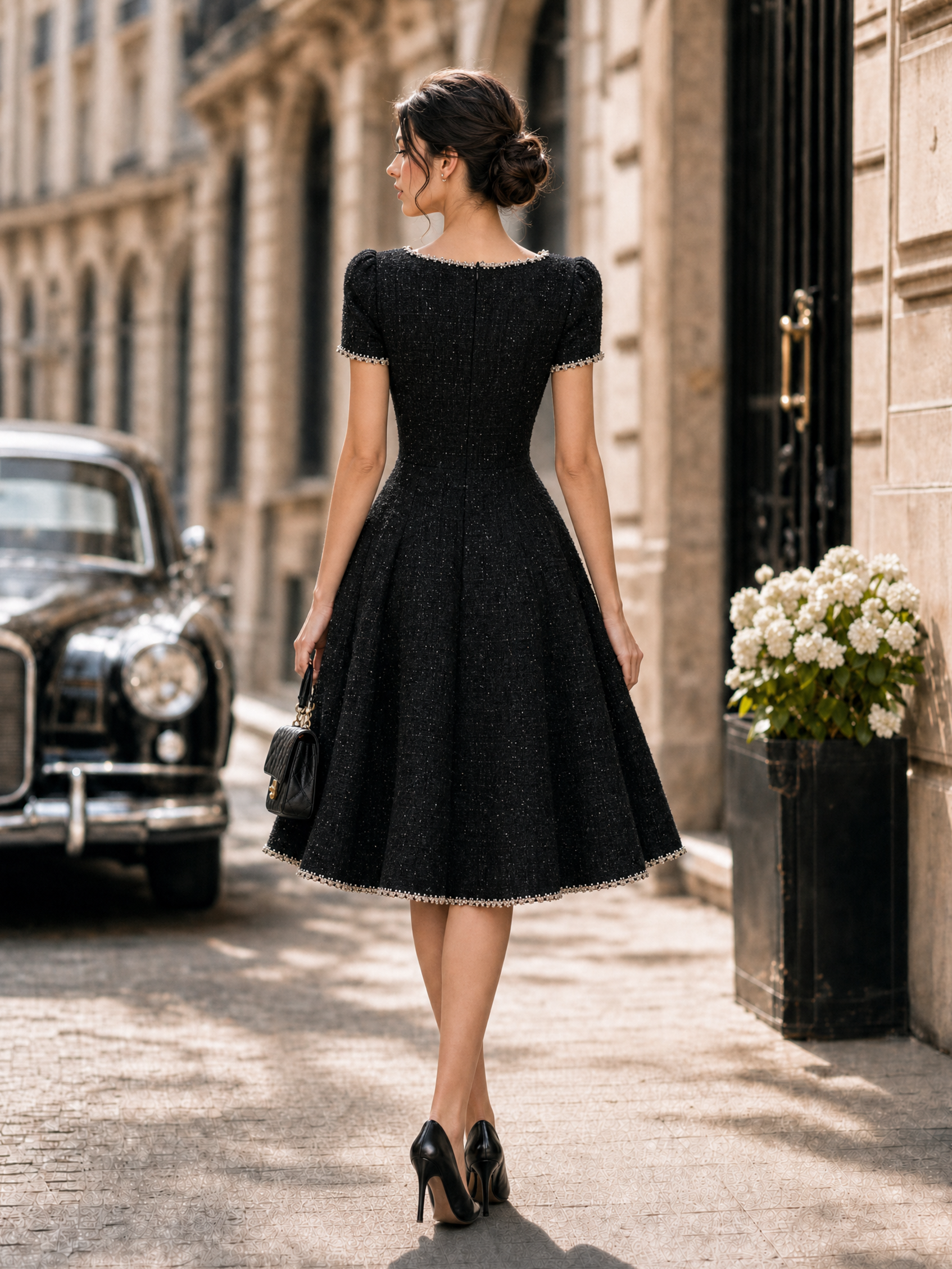 Vintage Tweed Gold Button Trim Fit-and-Flare Midi Dress