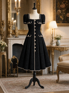 Vintage Tweed Gold Button Trim Fit-and-Flare Midi Dress