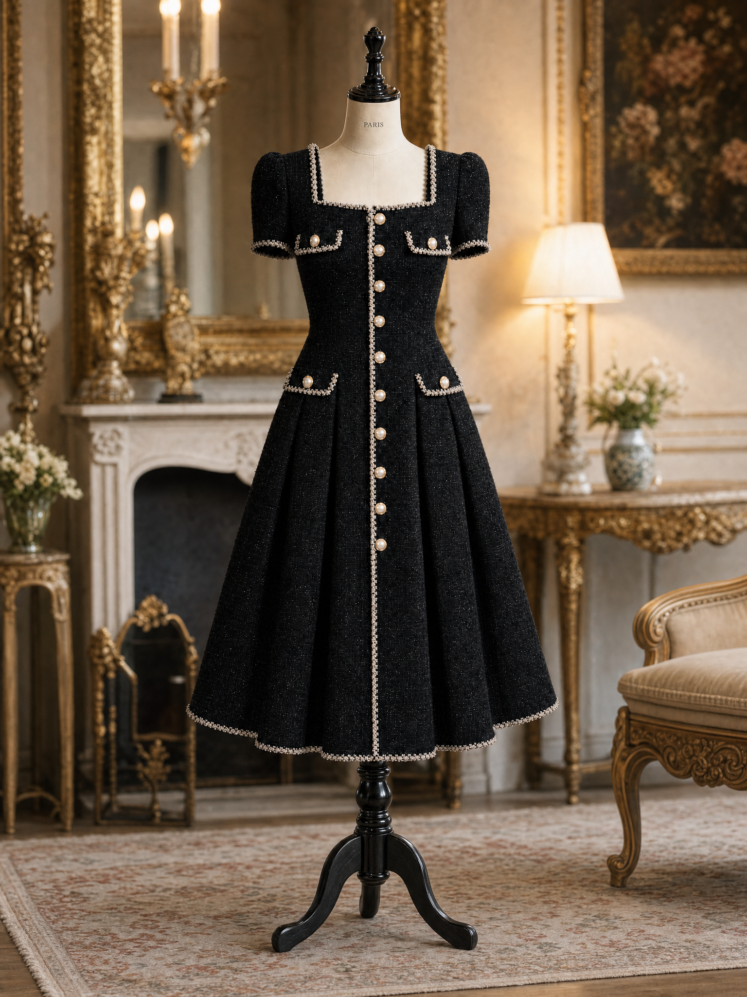 Vintage Tweed Gold Button Trim Fit-and-Flare Midi Dress