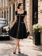 Vintage Tweed Gold Button Trim Fit-and-Flare Midi Dress