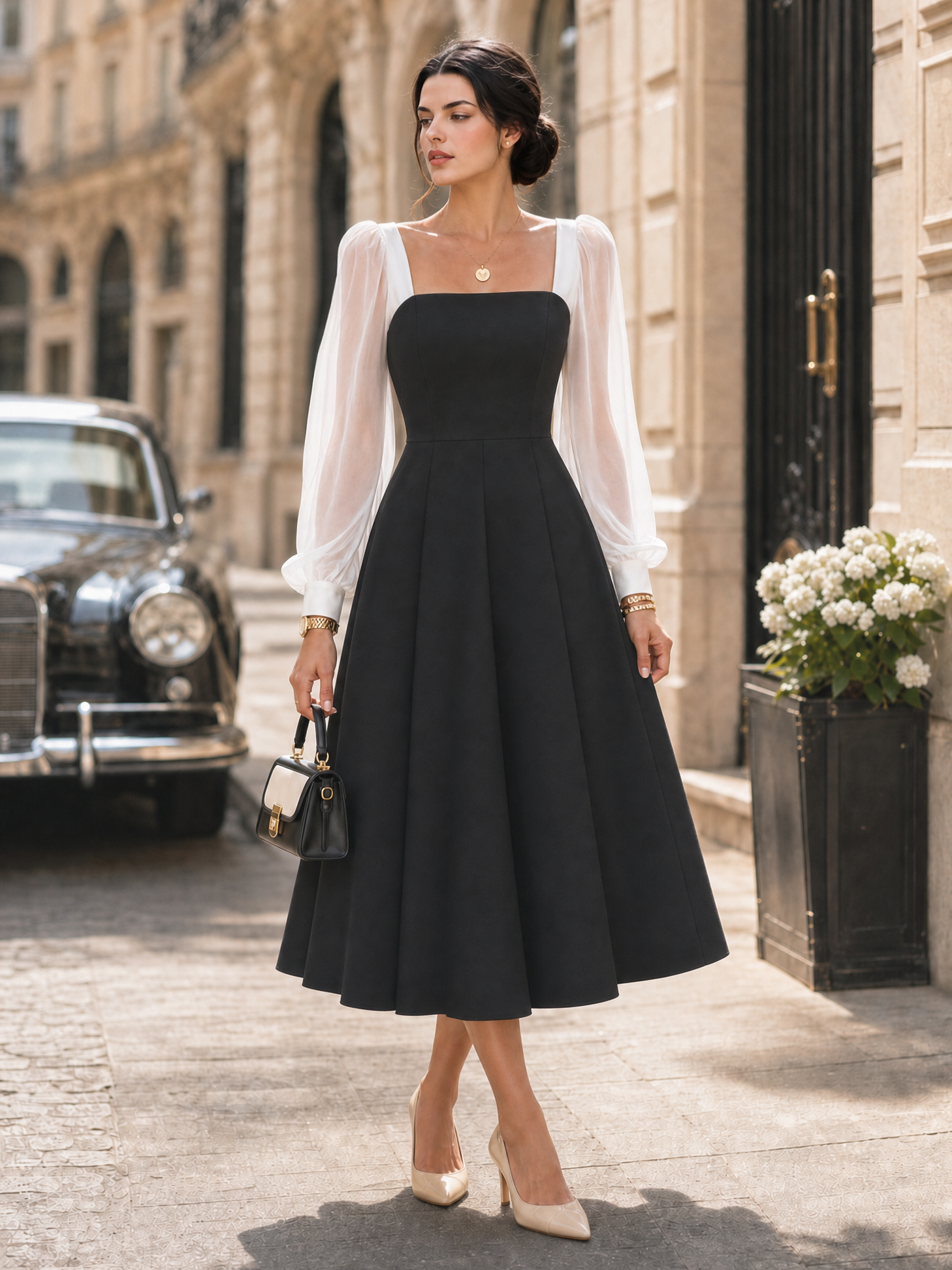 Vintage Daily Chiffon Sleeve Fit-and-Flare Cocktail Midi Dress