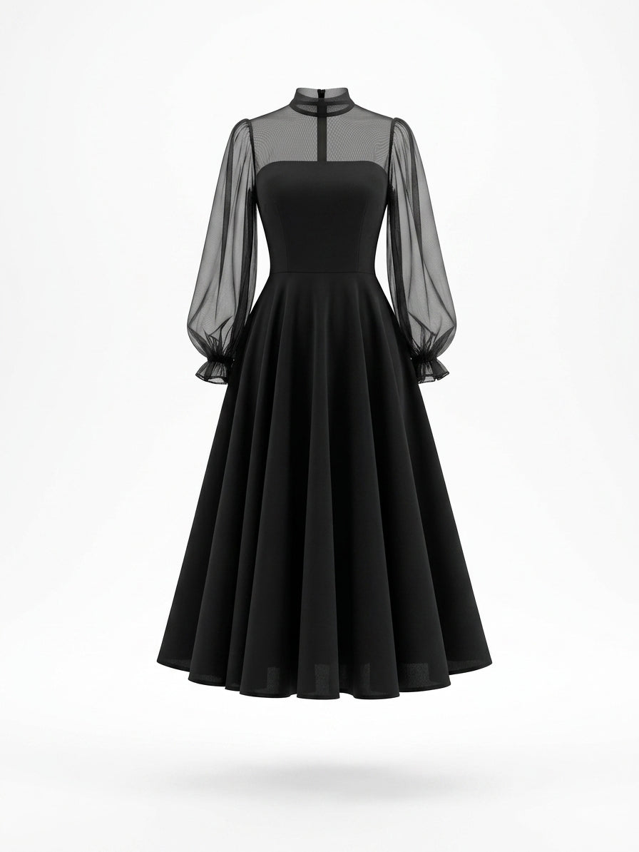 Vintage Tulle Puff Sleeve Fit-and-Flare  Cocktail Party Midi Dress