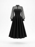 Vintage Tulle Puff Sleeve Fit-and-Flare  Cocktail Party Midi Dress