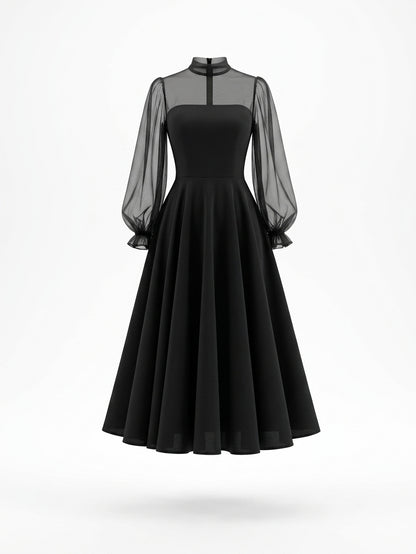 Vintage Tulle Puff Sleeve Fit-and-Flare  Cocktail Party Dress