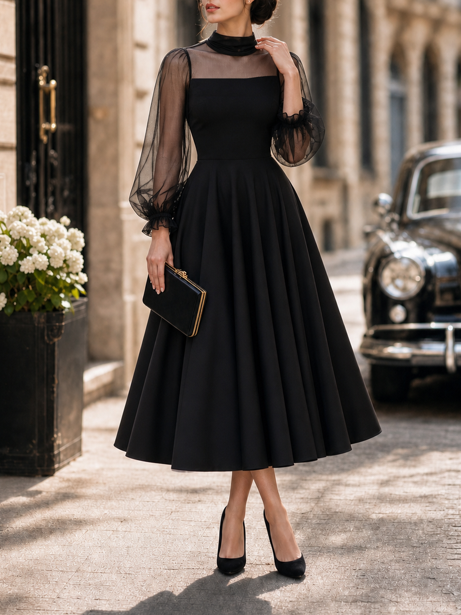 Vintage Tulle Puff Sleeve Fit-and-Flare  Cocktail Party Midi Dress