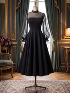 Vintage Tulle Puff Sleeve Fit-and-Flare  Cocktail Party Midi Dress