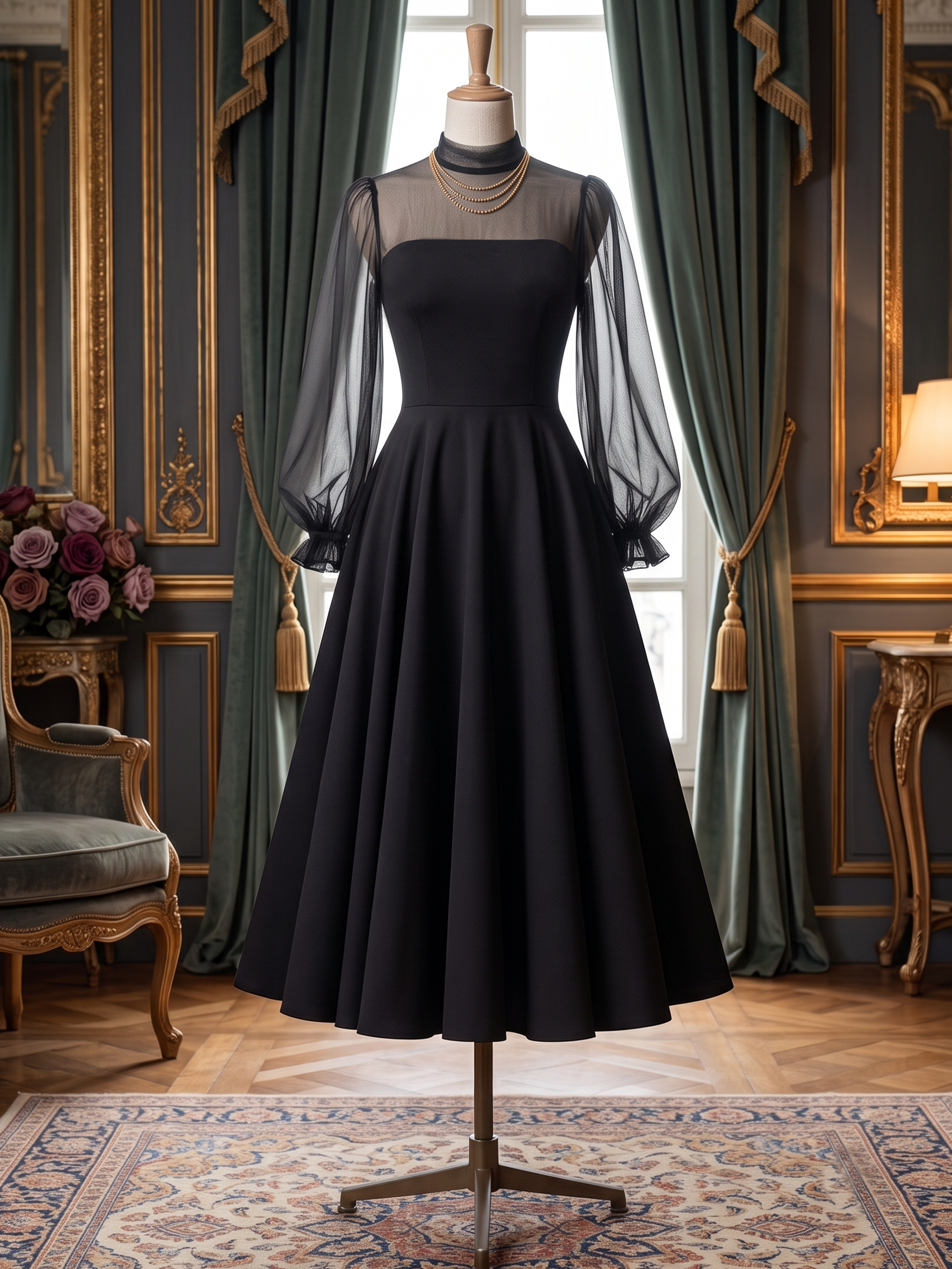 Vintage Tulle Puff Sleeve Fit-and-Flare  Cocktail Party Midi Dress
