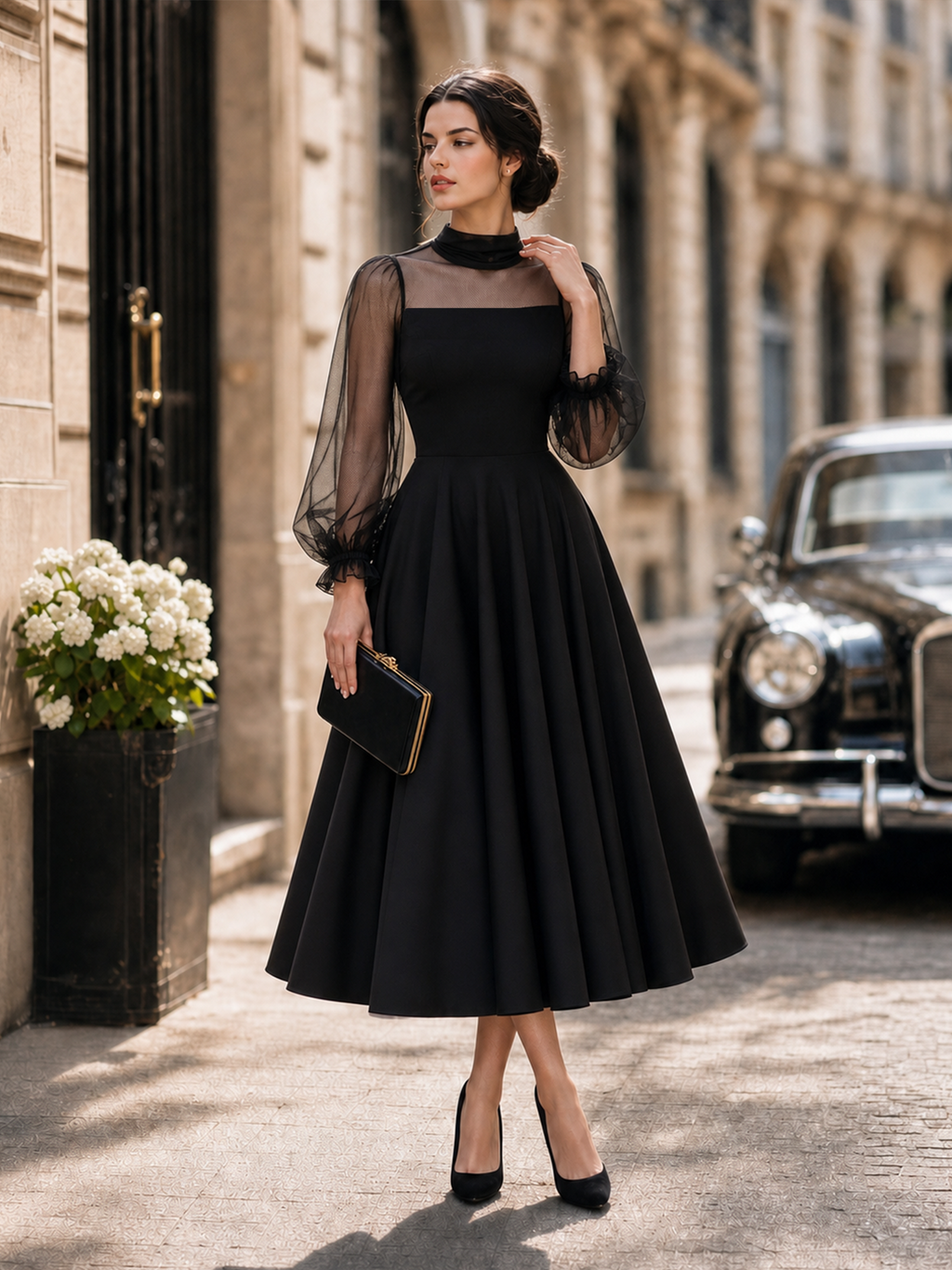 Vintage Tulle Puff Sleeve Fit-and-Flare  Cocktail Party Midi Dress