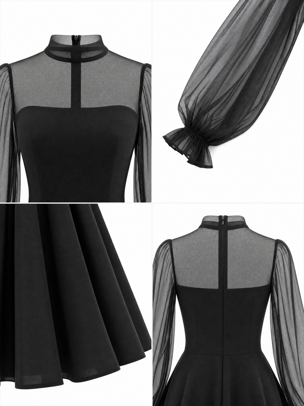 Vintage Tulle Puff Sleeve Fit-and-Flare  Cocktail Party Midi Dress