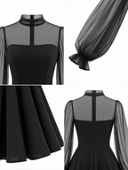Vintage Tulle Puff Sleeve Fit-and-Flare  Cocktail Party Midi Dress