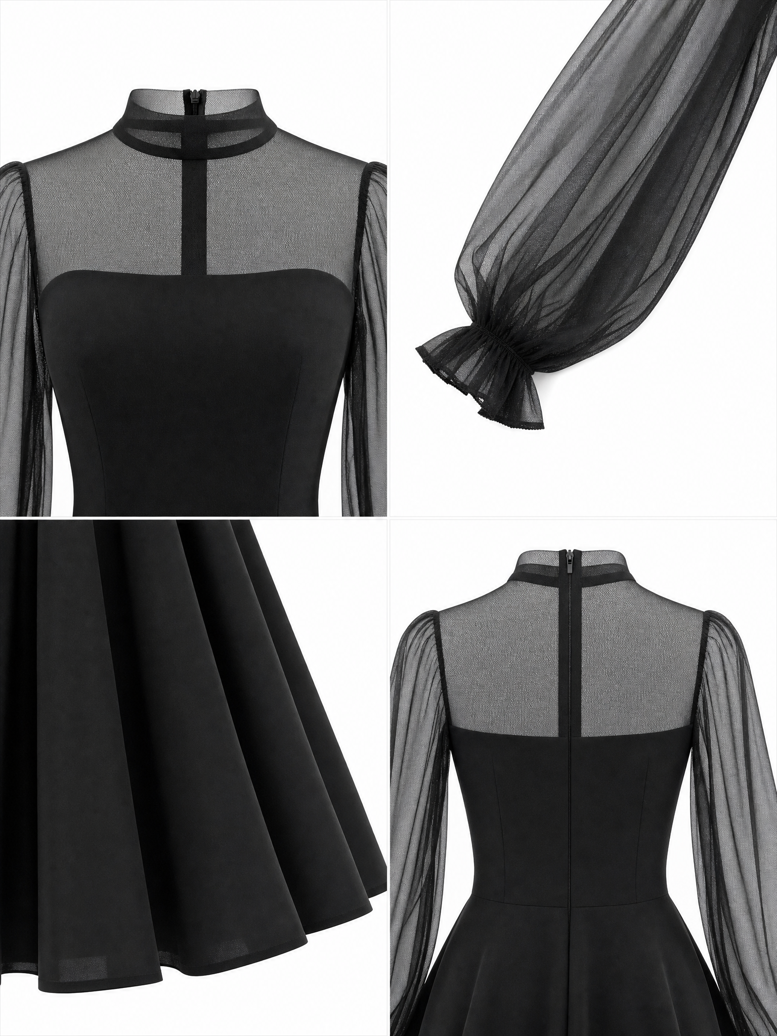 Vintage Tulle Puff Sleeve Fit-and-Flare  Cocktail Party Midi Dress