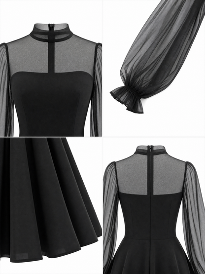 Vintage Tulle Puff Sleeve Fit-and-Flare  Cocktail Party Dress