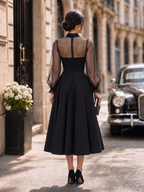 Vintage Tulle Puff Sleeve Fit-and-Flare  Cocktail Party Midi Dress