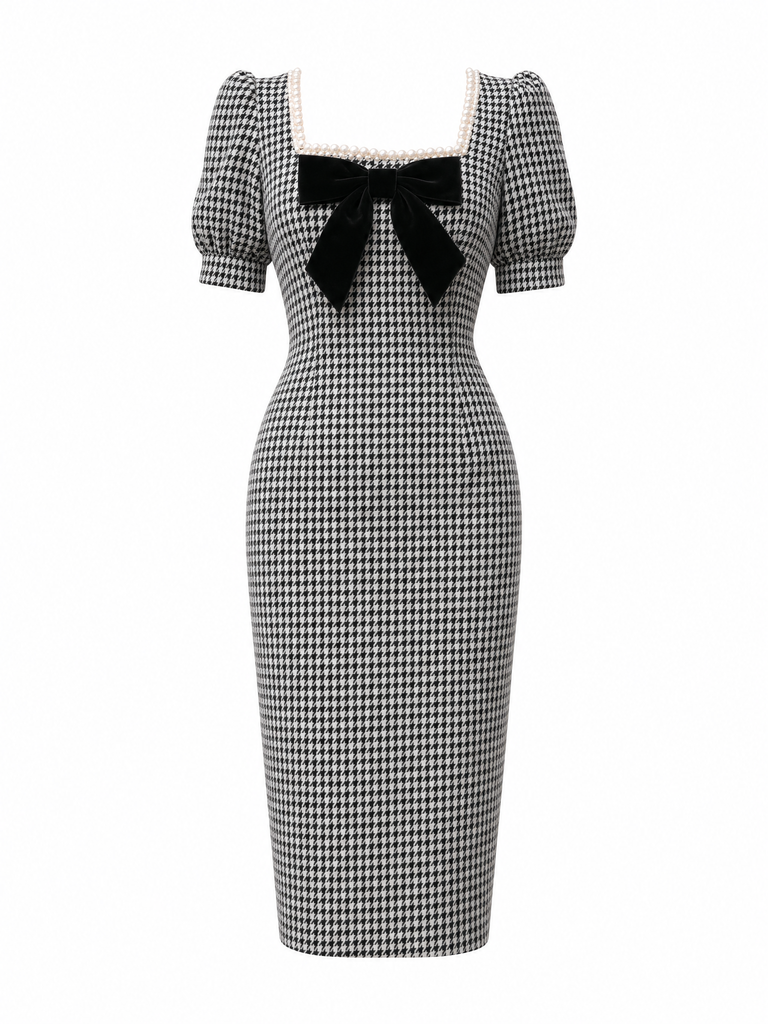 Vintage Houndstooth Pearl Trim Bow Bodycon Midi Dress