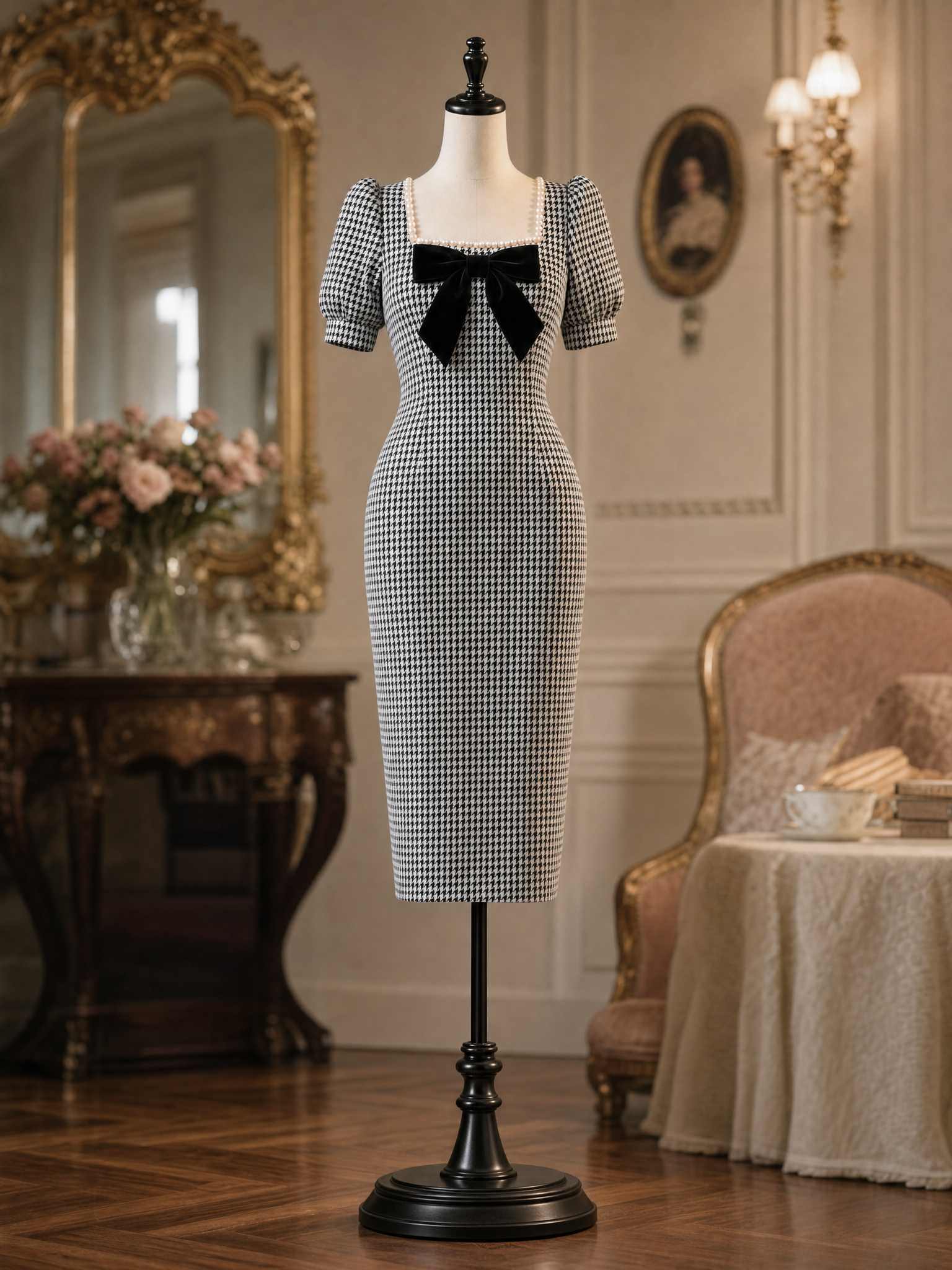 Vintage Houndstooth Pearl Trim Bow Bodycon Midi Dress
