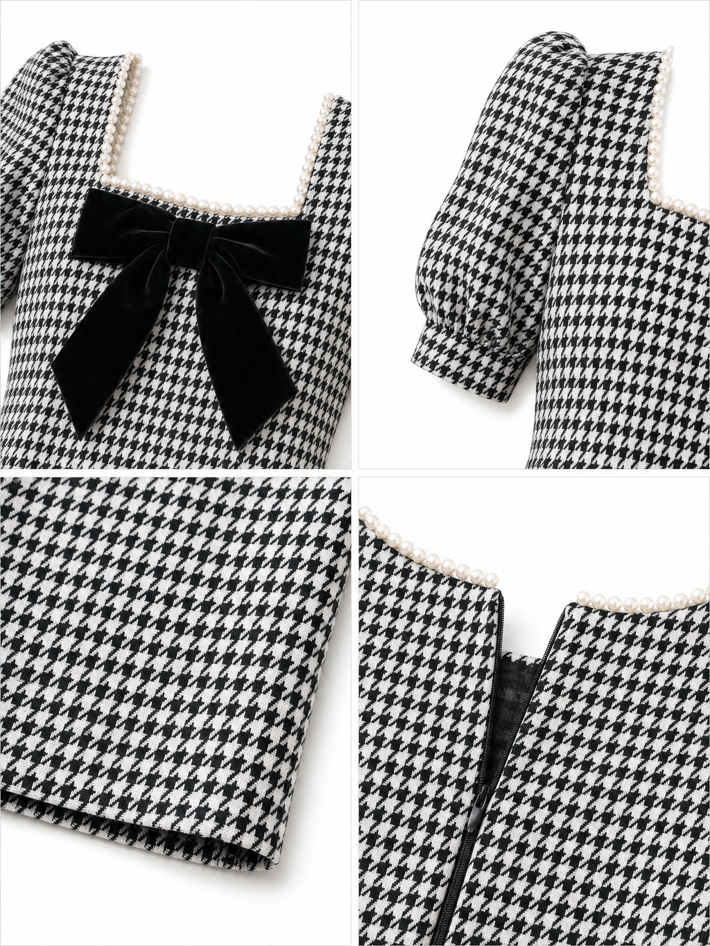 Vintage Houndstooth Pearl Trim Bow Bodycon Midi Dress