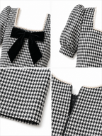Vintage Houndstooth Pearl Trim Bow Bodycon Midi Dress