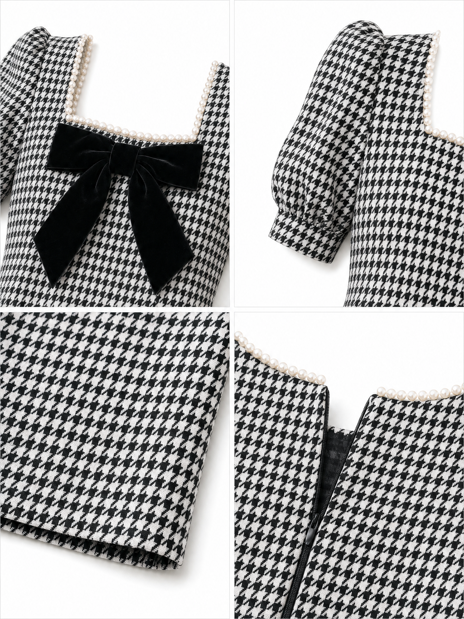 Vintage Houndstooth Pearl Trim Bow Bodycon Midi Dress