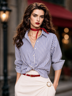 Vintage Striped Print Tie Front Cropped Blouse