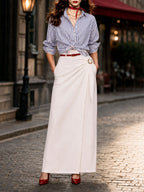 Vintage Metal Buttons Tie Front Straight Maxi Skirt