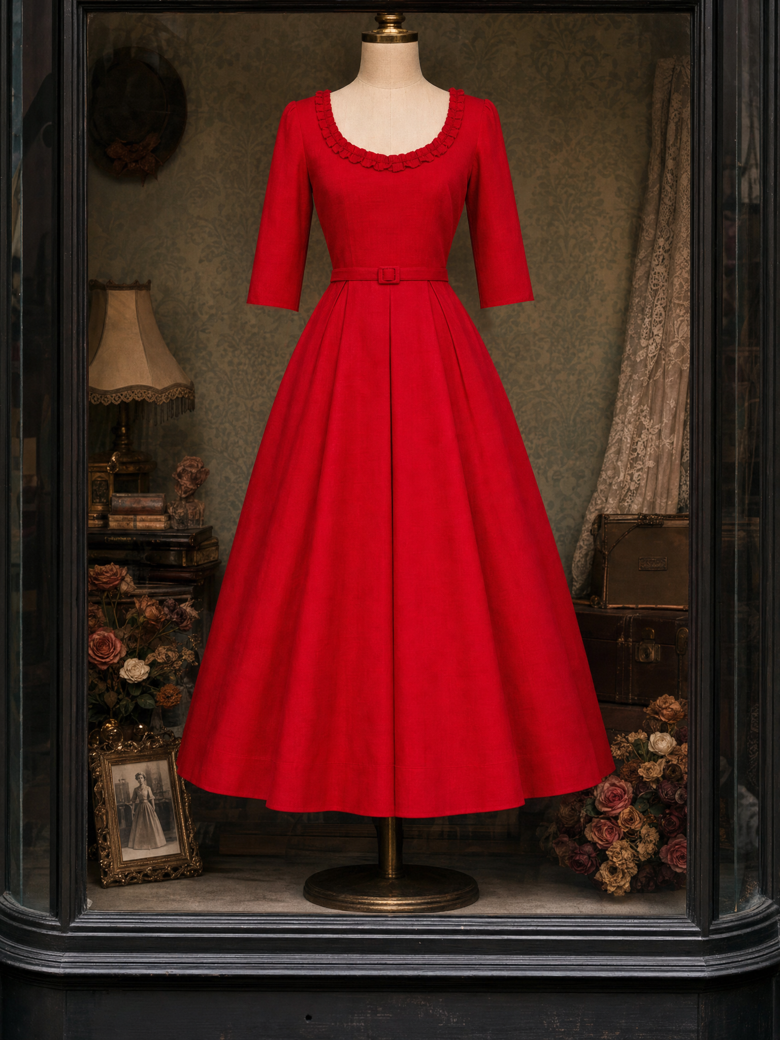 Vintage Ruffled Collar Umbrella Midi Dress