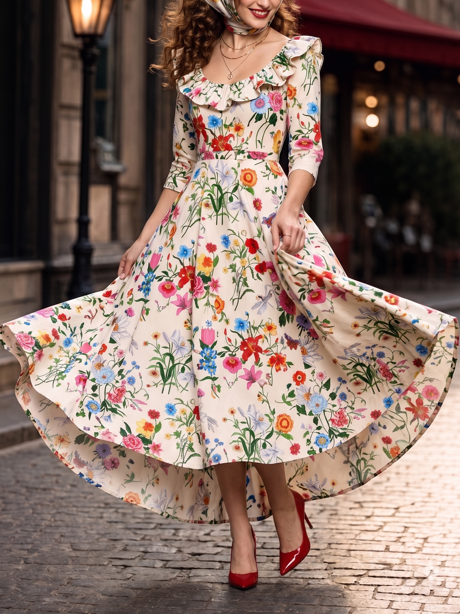 Vintage Ruffle Collar Floral Print Midi Dress